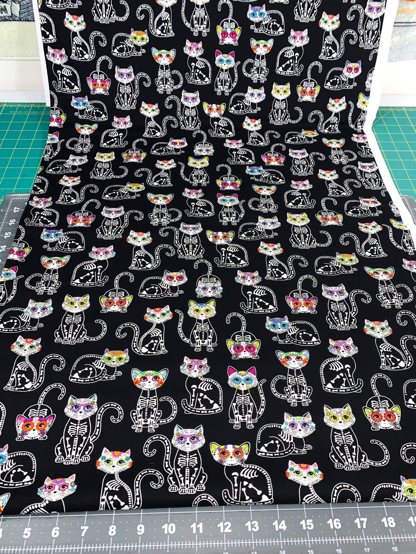 Sugar Skull Cat fabric Skeleton cat cotton fabric - Mary Jo Fabrics