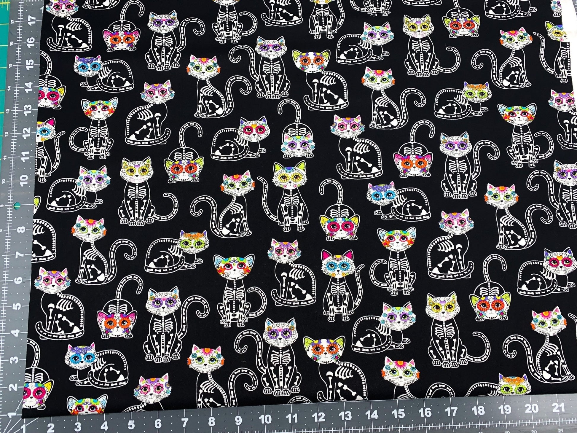 Sugar Skull Cat fabric Skeleton cat cotton fabric - Mary Jo Fabrics