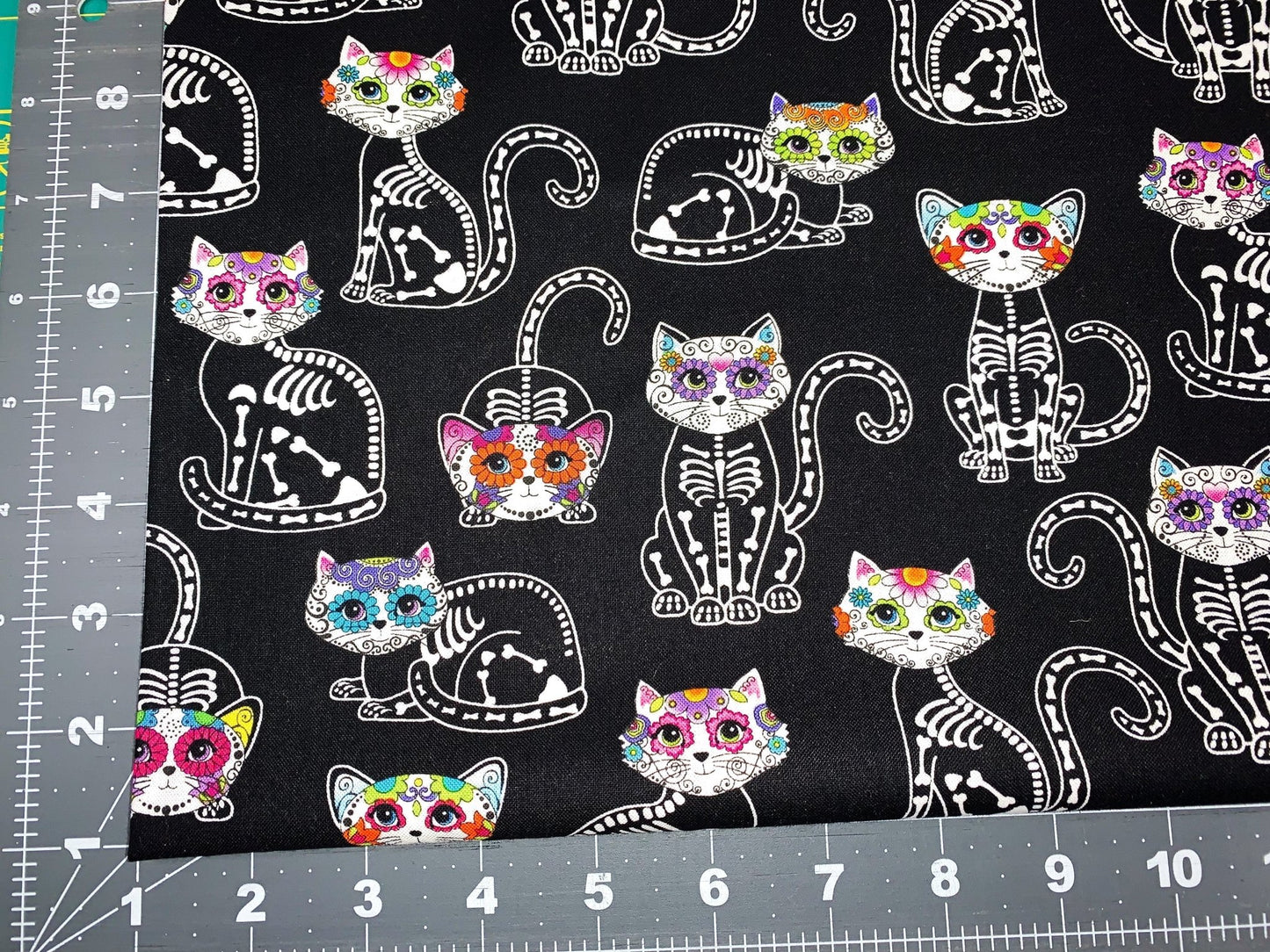 Sugar Skull Cat fabric Skeleton cat cotton fabric - Mary Jo Fabrics