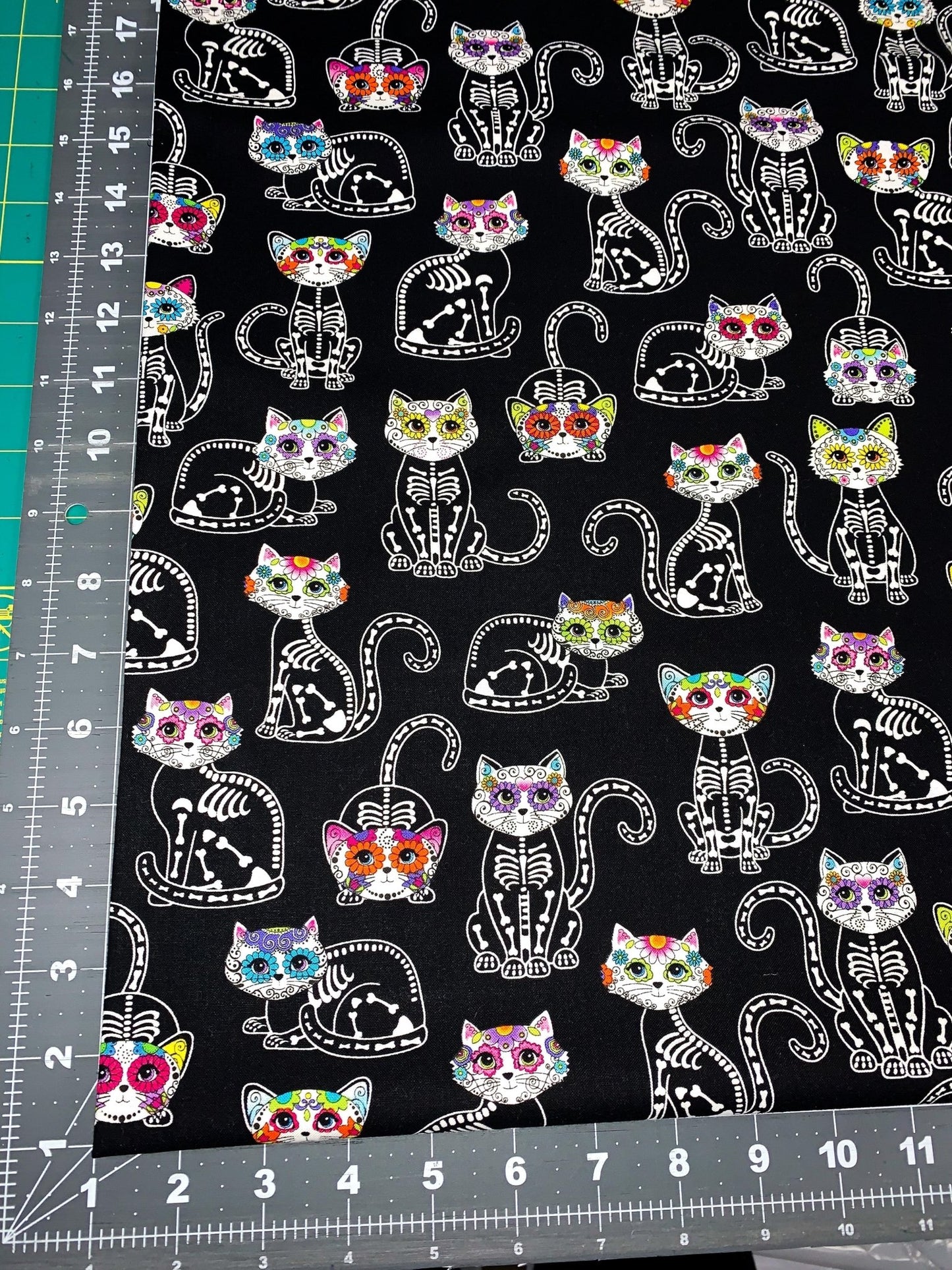 Sugar Skull Cat fabric Skeleton cat cotton fabric - Mary Jo Fabrics