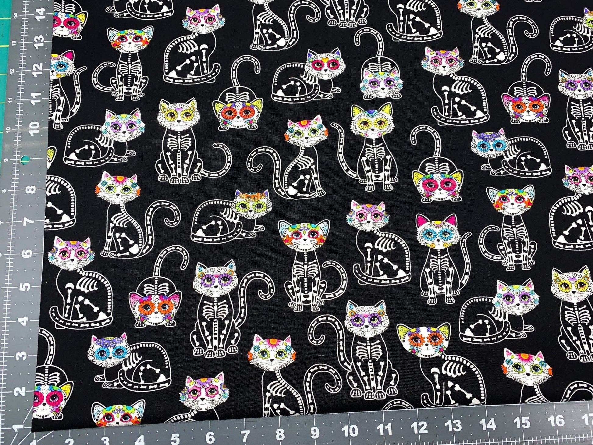 Sugar Skull Cat fabric Skeleton cat cotton fabric - Mary Jo Fabrics