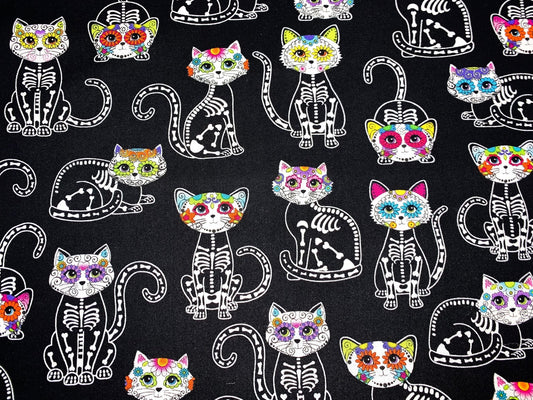 Sugar Skull Cat fabric Skeleton cat cotton fabric - Mary Jo Fabrics