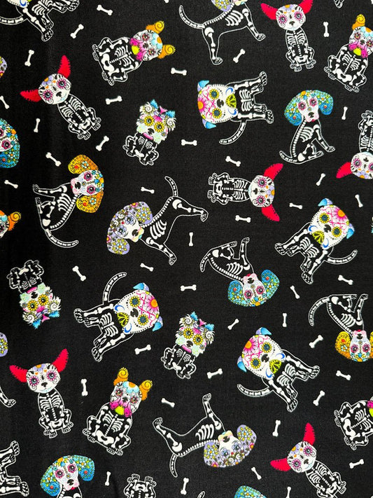 Sugar Skull dog fabric 7273 skeleton dogs cotton fabric - Mary Jo Fabrics