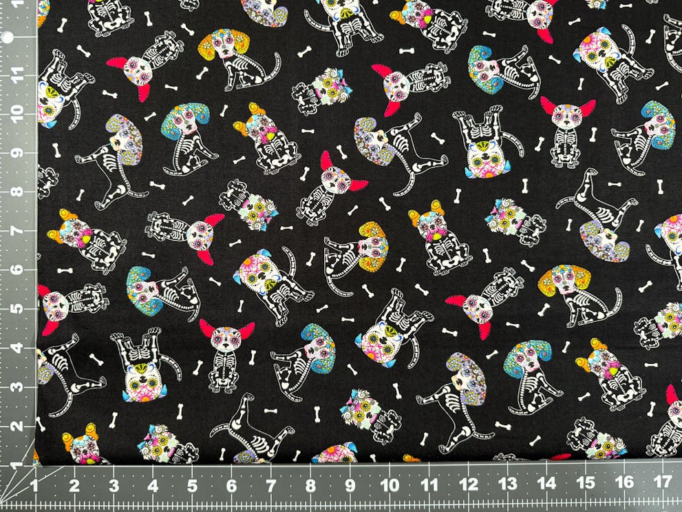 Sugar Skull dog fabric 7273 skeleton dogs cotton fabric - Mary Jo Fabrics