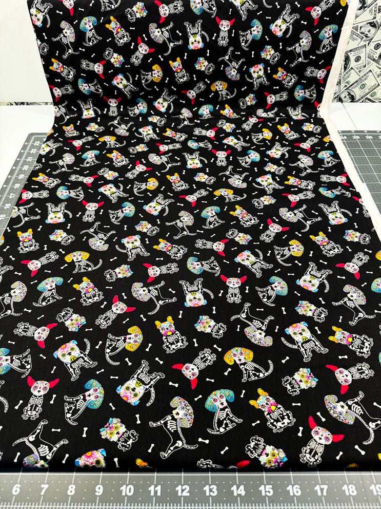 Sugar Skull dog fabric 7273 skeleton dogs cotton fabric - Mary Jo Fabrics