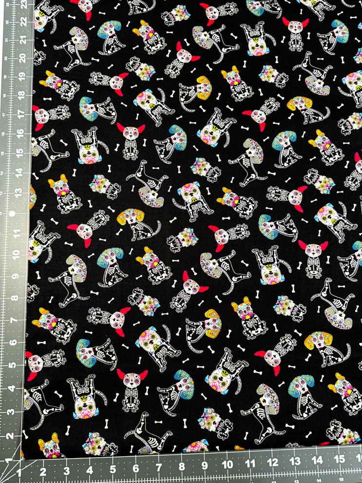 Sugar Skull dog fabric 7273 skeleton dogs cotton fabric - Mary Jo Fabrics