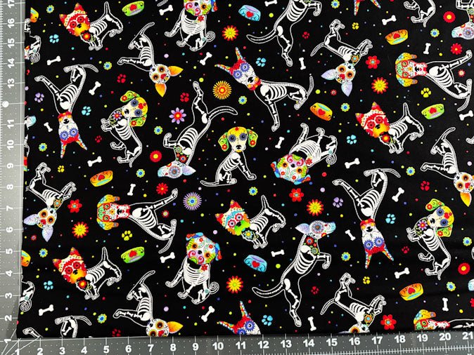 Sugar skull dog fabric C4640 skeleton dogs cotton fabric - Mary Jo Fabrics