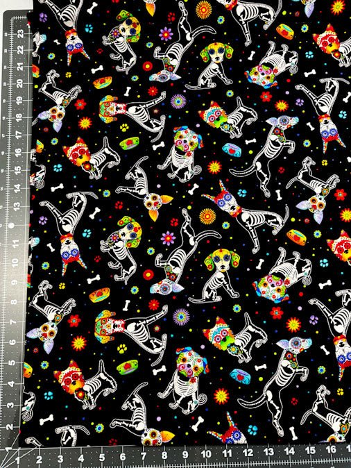 Sugar skull dog fabric C4640 skeleton dogs cotton fabric - Mary Jo Fabrics