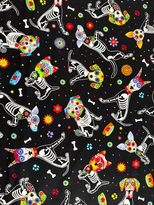 Sugar skull dog fabric C4640 skeleton dogs cotton fabric - Mary Jo Fabrics