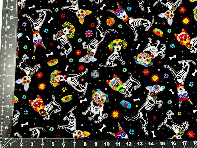 Sugar skull dog fabric C4640 skeleton dogs cotton fabric - Mary Jo Fabrics