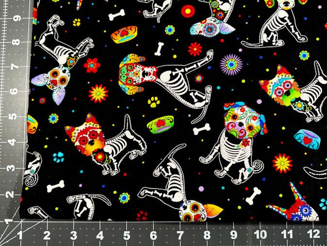 Sugar skull dog fabric C4640 skeleton dogs cotton fabric - Mary Jo Fabrics