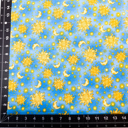Sun Moon and Stars Cotton Flannel 1051 - 11 Blue Suns and Stars - Mary Jo Fabrics