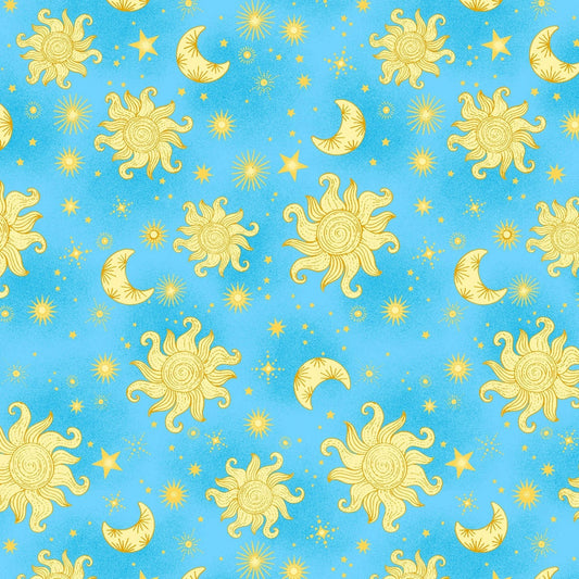 Sun Moon and Stars Cotton Flannel 1051 - 11 Blue Suns and Stars - Mary Jo Fabrics