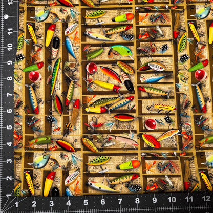 Tackle Box Fishing Lures CD3479 Cabin Rules Fish fabric - Mary Jo Fabrics