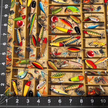 Tackle Box Fishing Lures CD3479 Cabin Rules Fish fabric - Mary Jo Fabrics