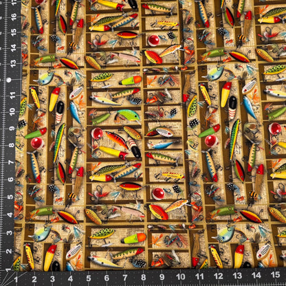 Tackle Box Fishing Lures CD3479 Cabin Rules Fish fabric - Mary Jo Fabrics