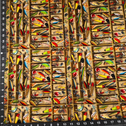 Tackle Box Fishing Lures CD3479 Cabin Rules Fish fabric - Mary Jo Fabrics