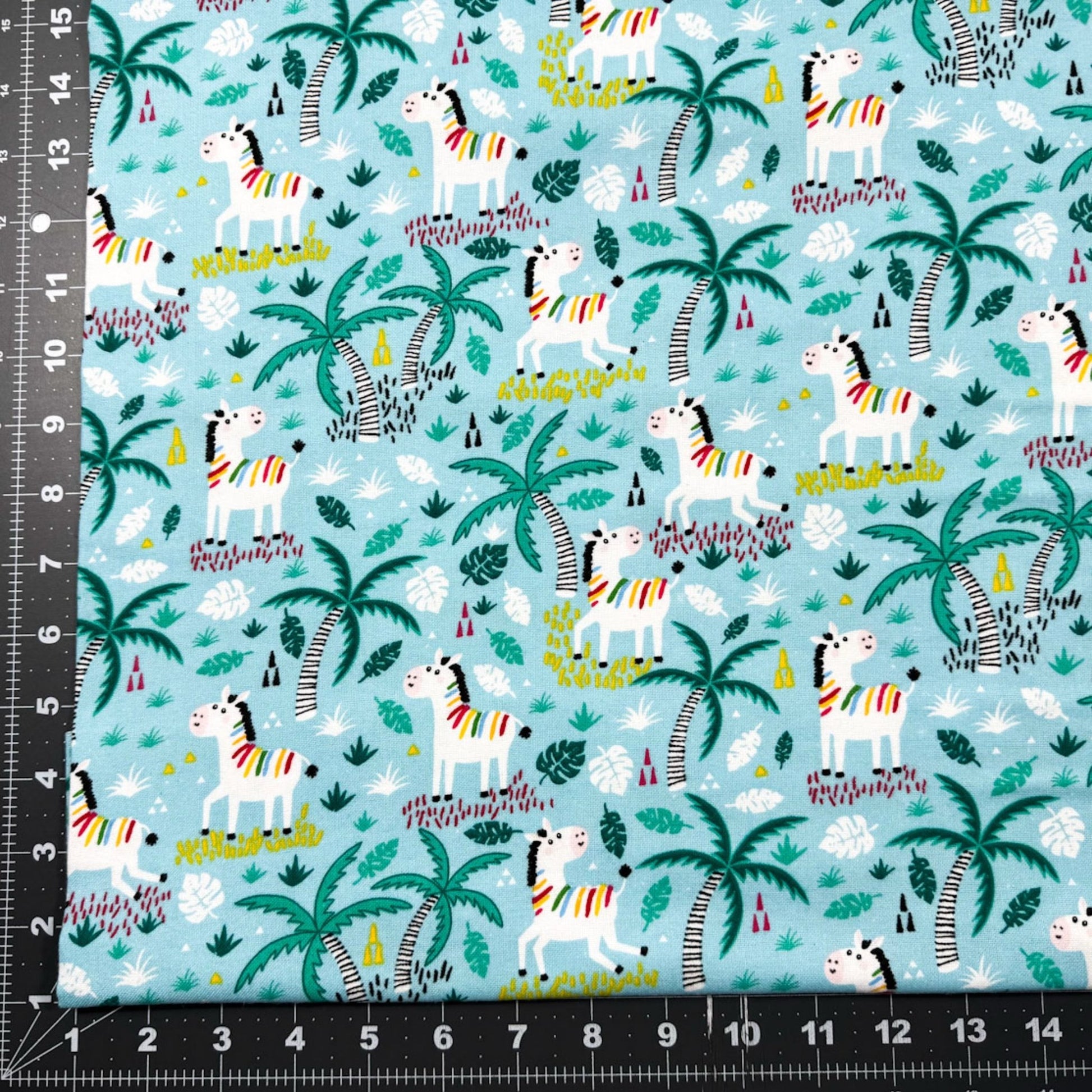 Teal Colorful Zebra FLANNEL Fabric 44 - 7451 Palm Trees - Mary Jo Fabrics