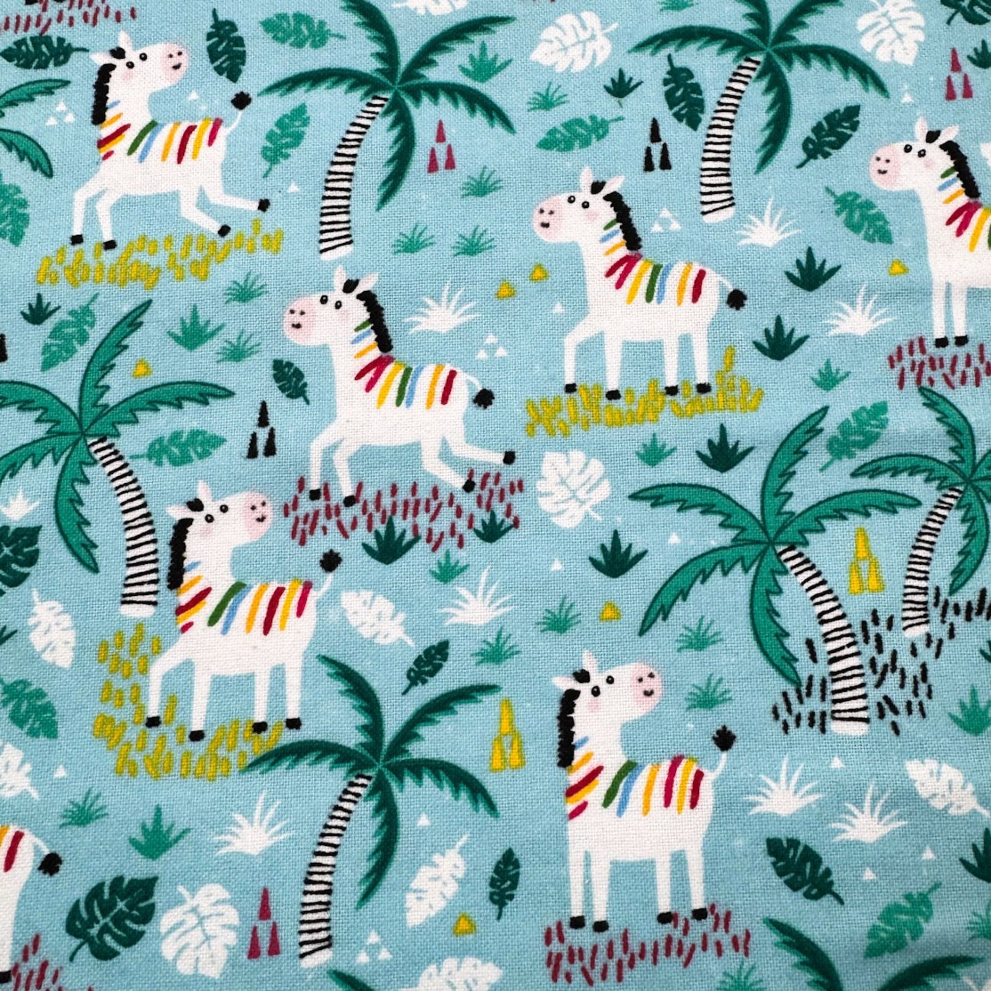 Teal Colorful Zebra FLANNEL Fabric 44 - 7451 Palm Trees - Mary Jo Fabrics