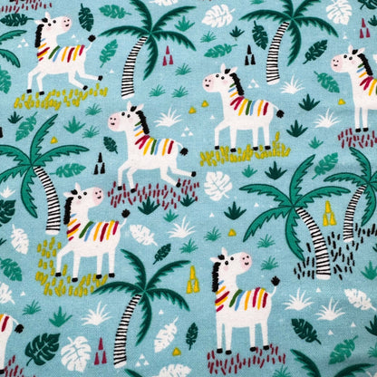 Teal Colorful Zebra FLANNEL Fabric 44 - 7451 Palm Trees - Mary Jo Fabrics