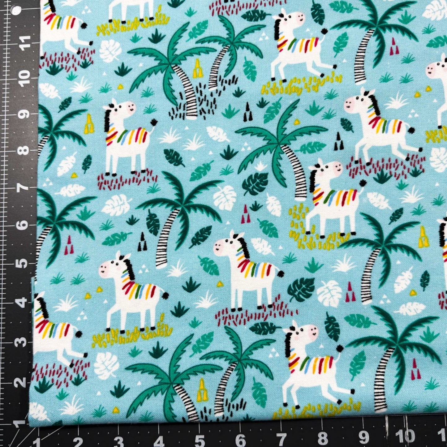 Teal Colorful Zebra FLANNEL Fabric 44 - 7451 Palm Trees - Mary Jo Fabrics