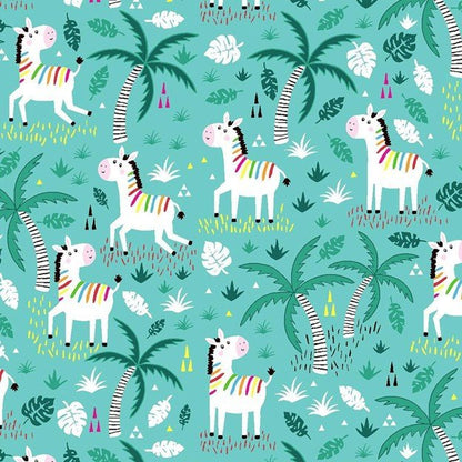 Teal Colorful Zebra FLANNEL Fabric 44 - 7451 Palm Trees - Mary Jo Fabrics