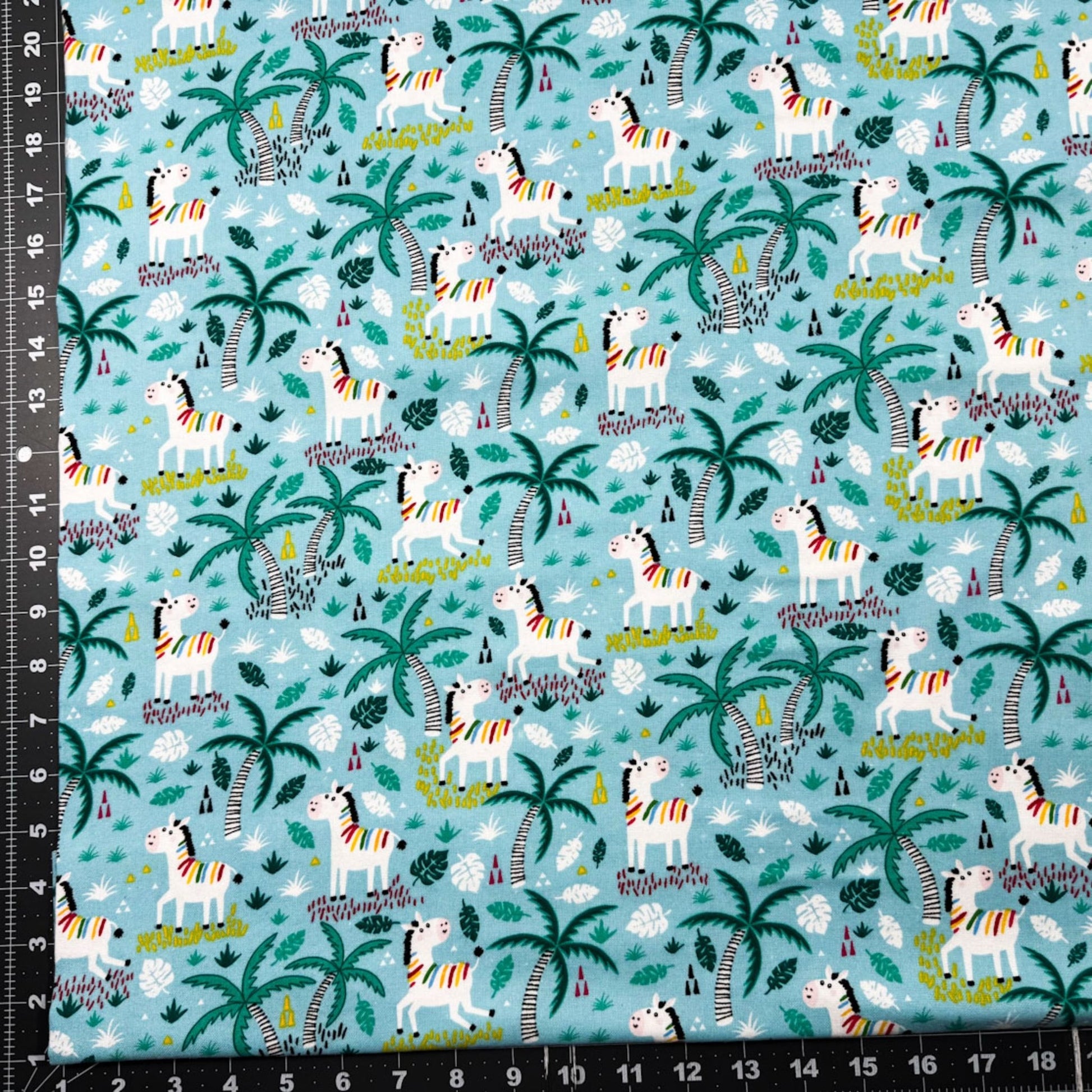 Teal Colorful Zebra FLANNEL Fabric 44 - 7451 Palm Trees - Mary Jo Fabrics