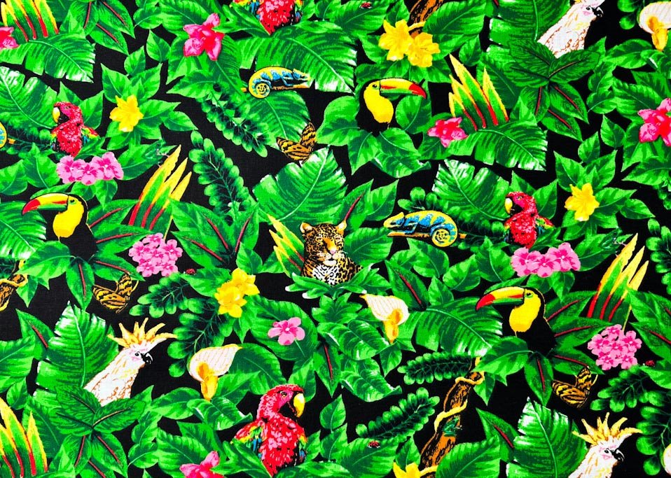 Tropical Jungle cotton fabric toucan lizards - Mary Jo Fabrics