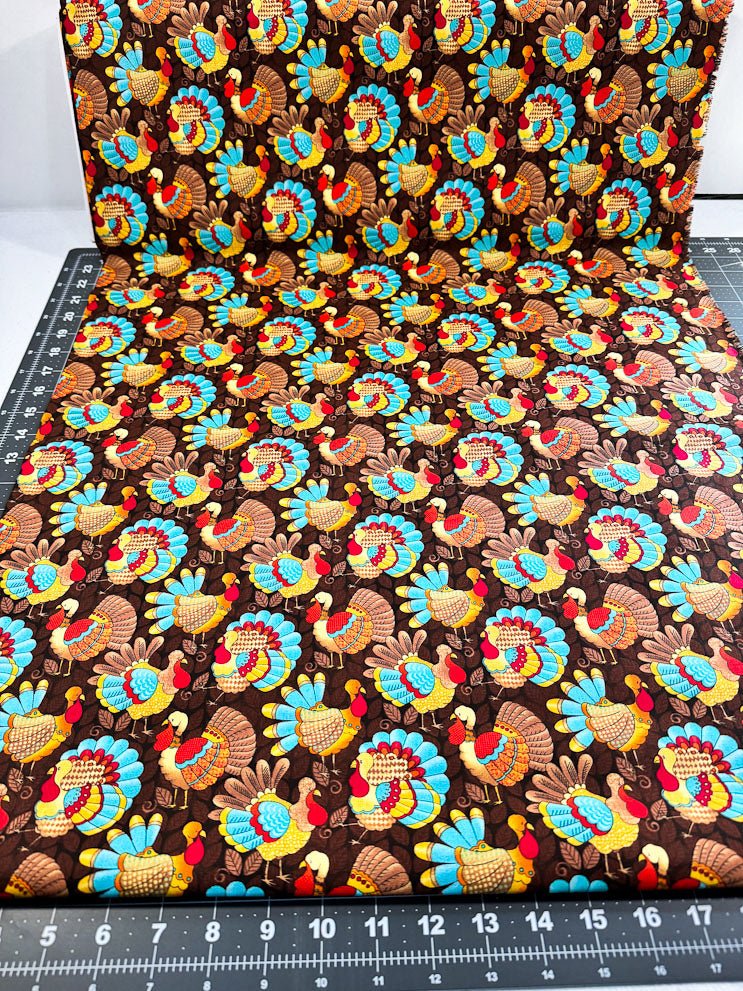 Turkey fabric Teal feather Thanksgiving cotton fabric - Mary Jo Fabrics