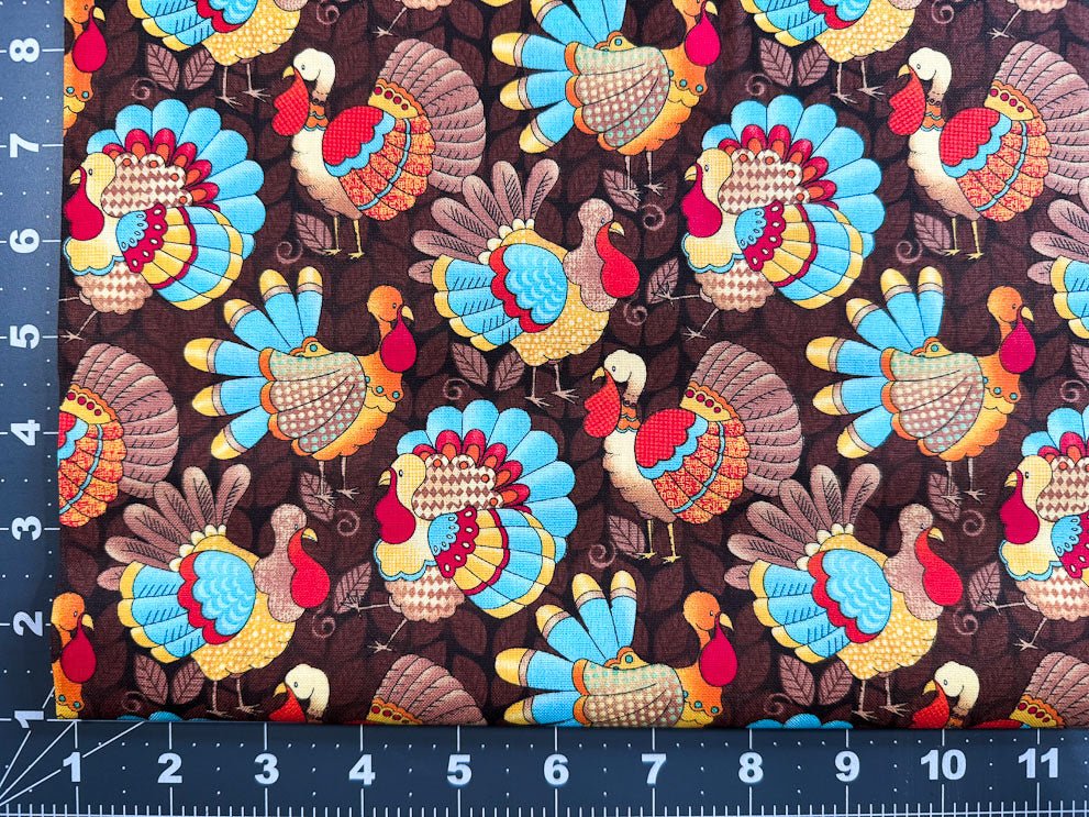 Turkey fabric Teal feather Thanksgiving cotton fabric - Mary Jo Fabrics