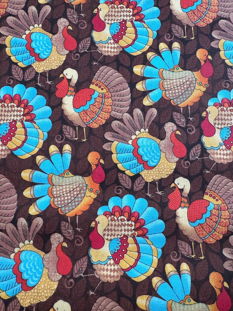 Turkey fabric Teal feather Thanksgiving cotton fabric - Mary Jo Fabrics