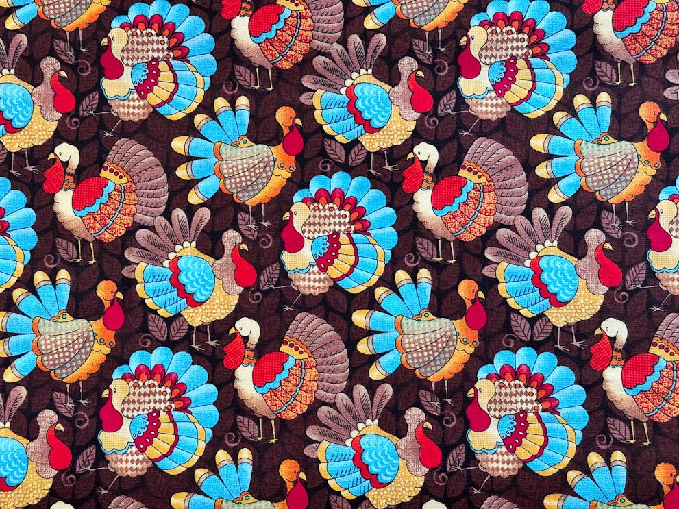 Turkey fabric Teal feather Thanksgiving cotton fabric - Mary Jo Fabrics