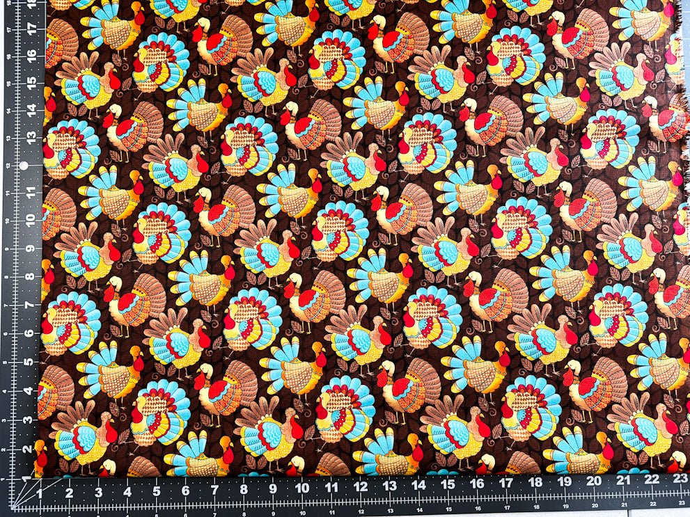 Turkey fabric Teal feather Thanksgiving cotton fabric - Mary Jo Fabrics