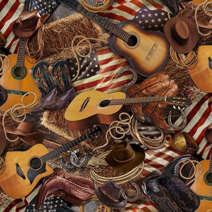 USA Flag Boots Guitar Fabric CD3863 Western Print - Mary Jo Fabrics