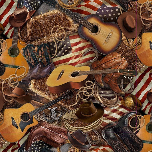 USA Flag Boots Guitar Fabric CD3863 Western Print - Mary Jo Fabrics