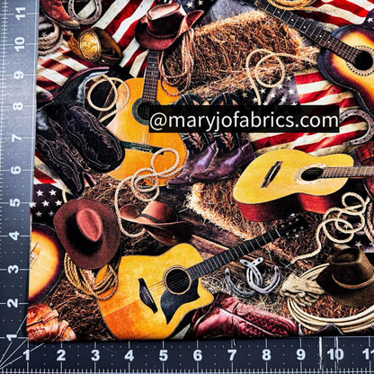 USA Flag Boots Guitar Fabric CD3863 Western Print - Mary Jo Fabrics