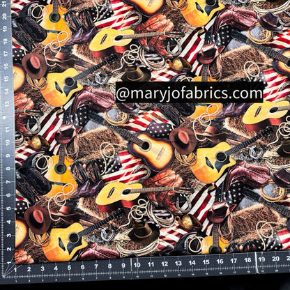 USA Flag Boots Guitar Fabric CD3863 Western Print - Mary Jo Fabrics