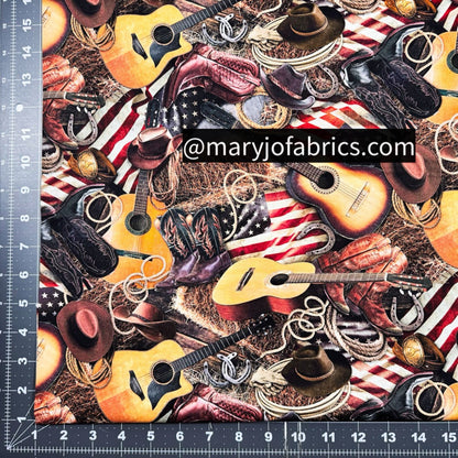 USA Flag Boots Guitar Fabric CD3863 Western Print - Mary Jo Fabrics