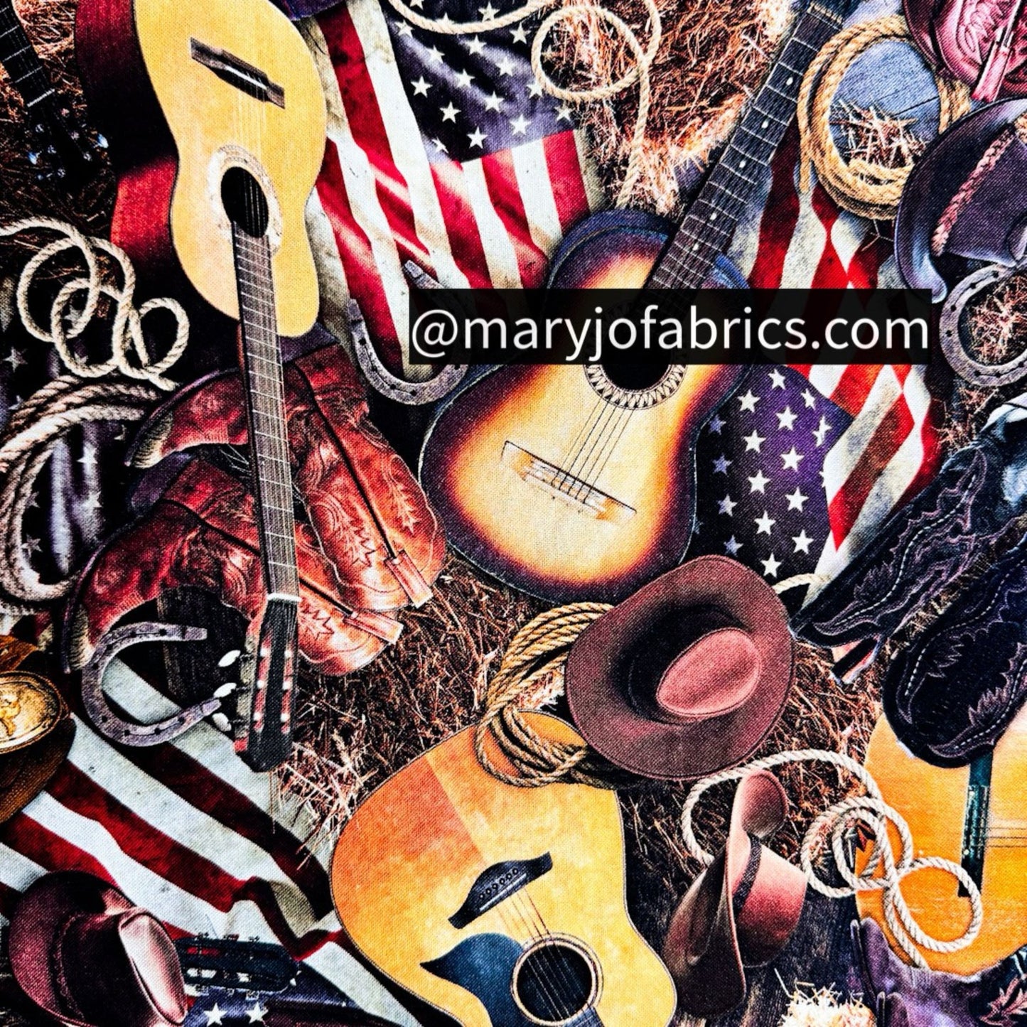 USA Flag Boots Guitar Fabric CD3863 Western Print - Mary Jo Fabrics