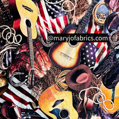 USA Flag Boots Guitar Fabric CD3863 Western Print - Mary Jo Fabrics