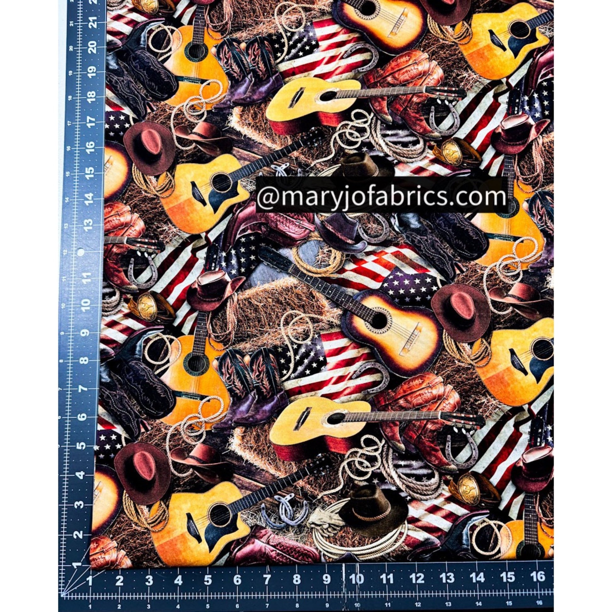 USA Flag Boots Guitar Fabric CD3863 Western Print - Mary Jo Fabrics
