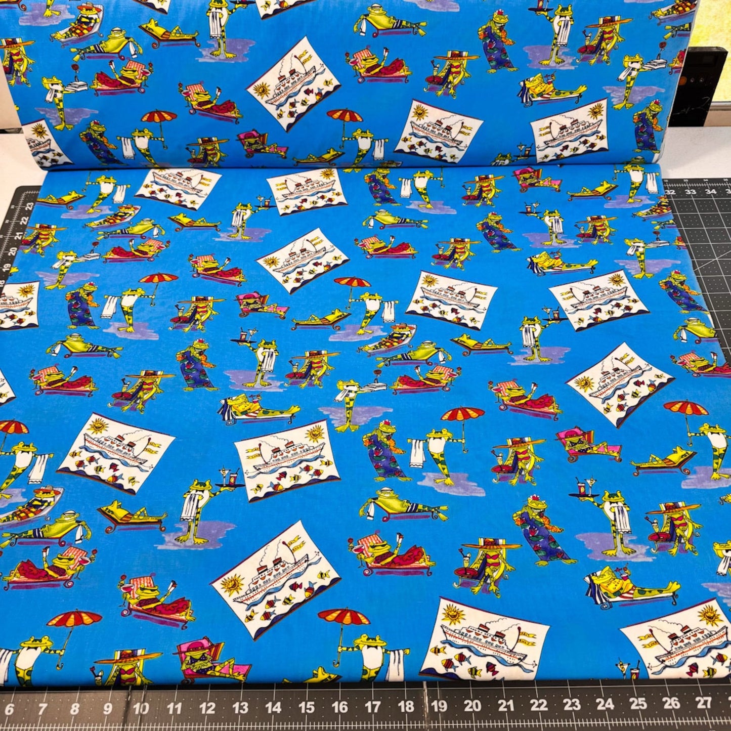 Vacationing Frog fabric Fun frogs lounging - Mary Jo Fabrics
