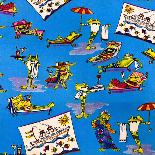 Vacationing Frog fabric Fun frogs lounging - Mary Jo Fabrics