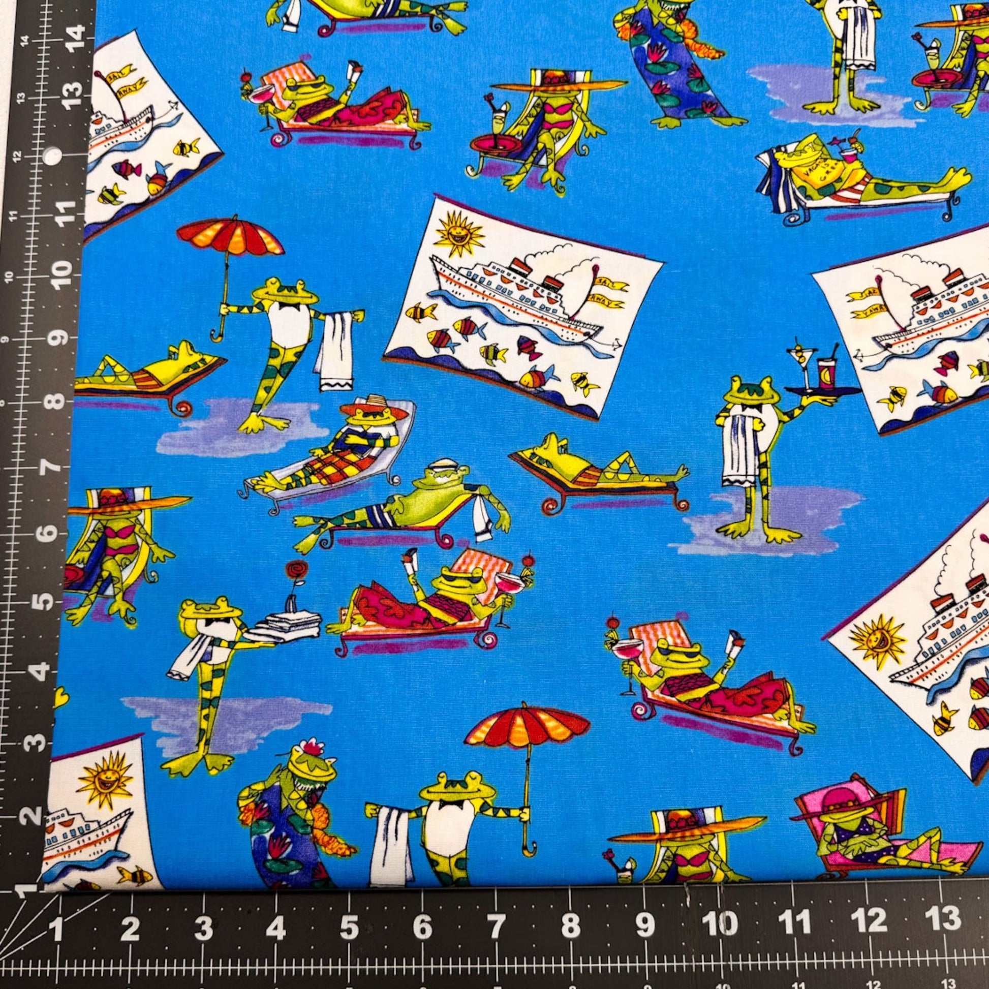 Vacationing Frog fabric Fun frogs lounging - Mary Jo Fabrics