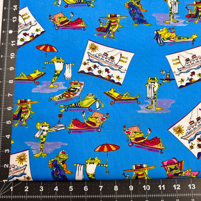 Vacationing Frog fabric Fun frogs lounging - Mary Jo Fabrics