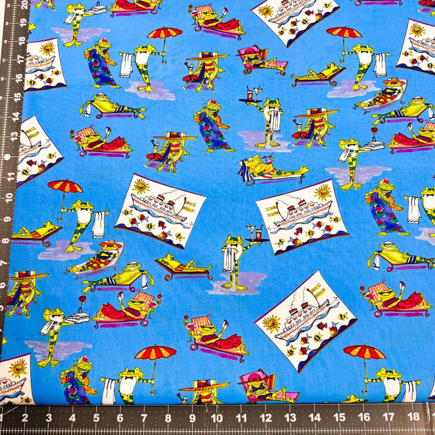 Vacationing Frog fabric Fun frogs lounging - Mary Jo Fabrics
