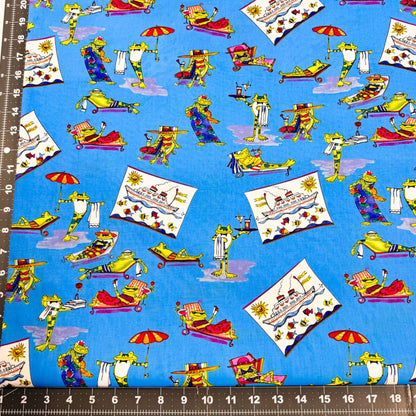 Vacationing Frog fabric Fun frogs lounging - Mary Jo Fabrics
