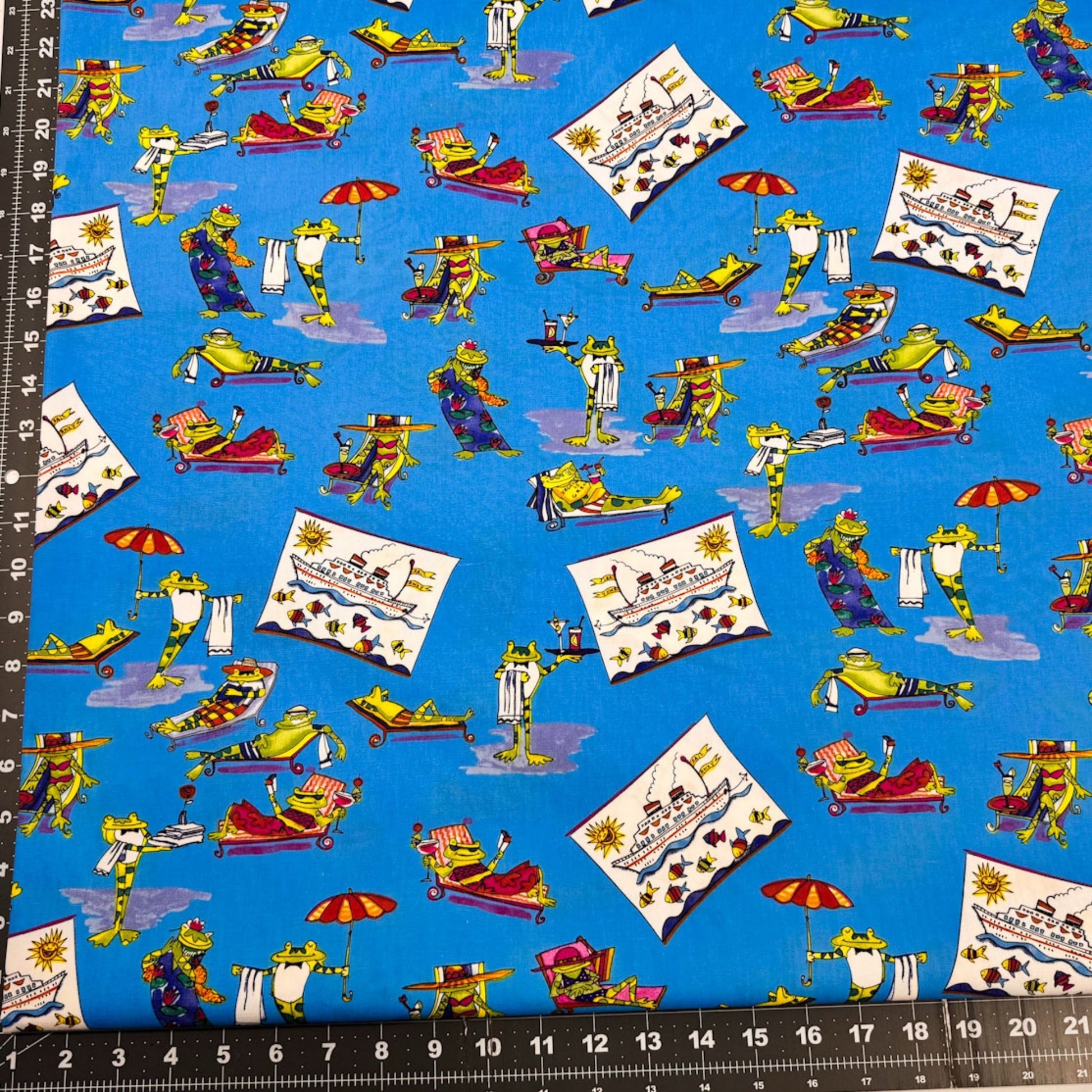Vacationing Frog fabric Fun frogs lounging - Mary Jo Fabrics