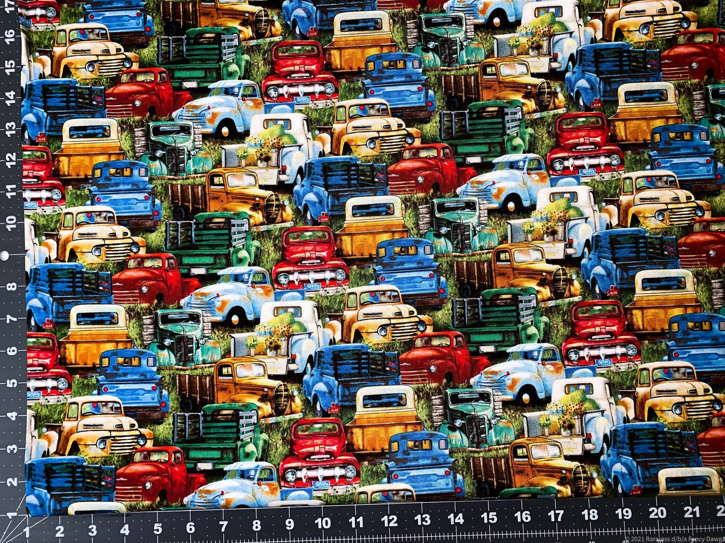 Vintage Truck Fabric 21002 Green Trucks cotton fabric - Mary Jo Fabrics