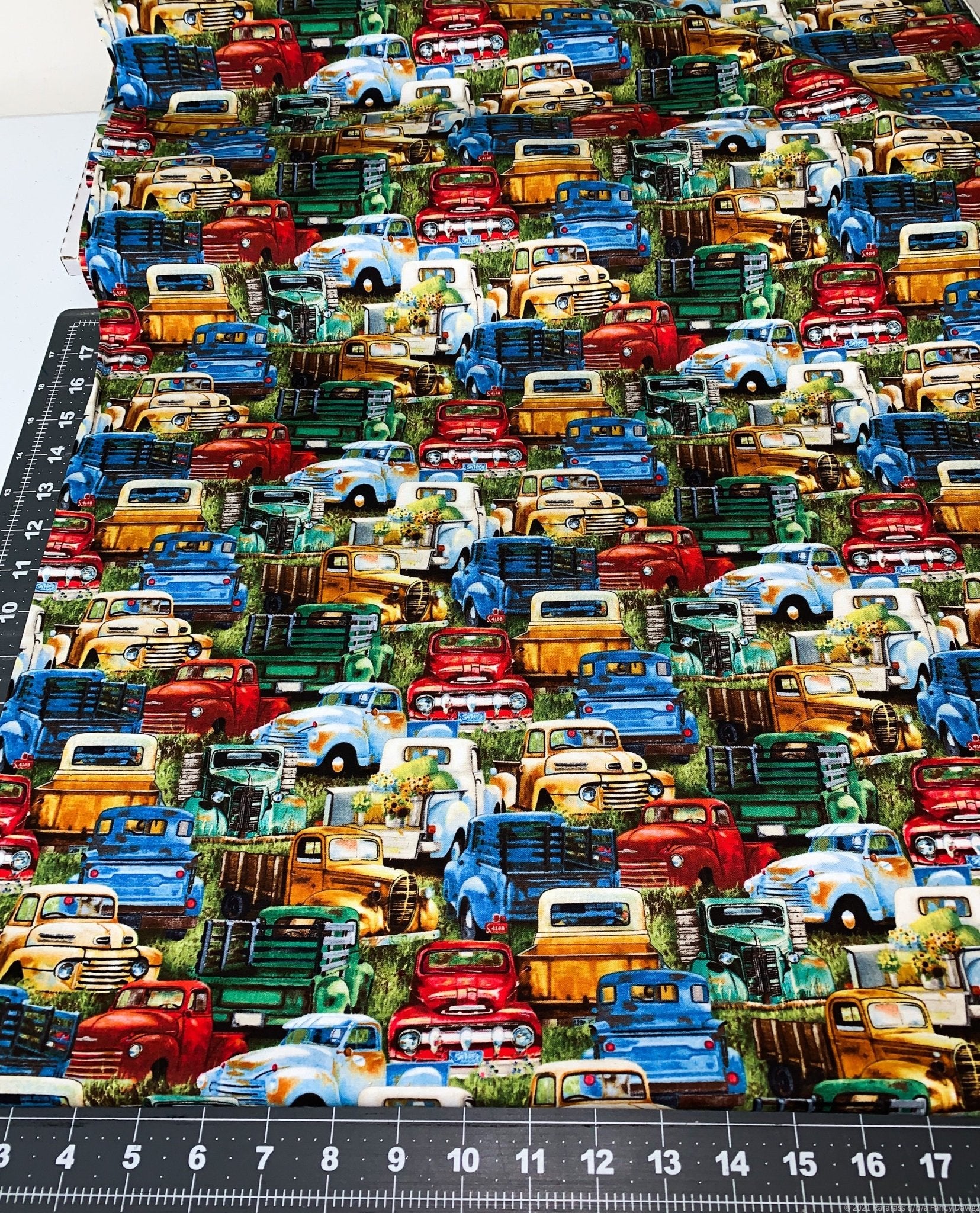 Vintage Truck Fabric 21002 Green Trucks cotton fabric - Mary Jo Fabrics